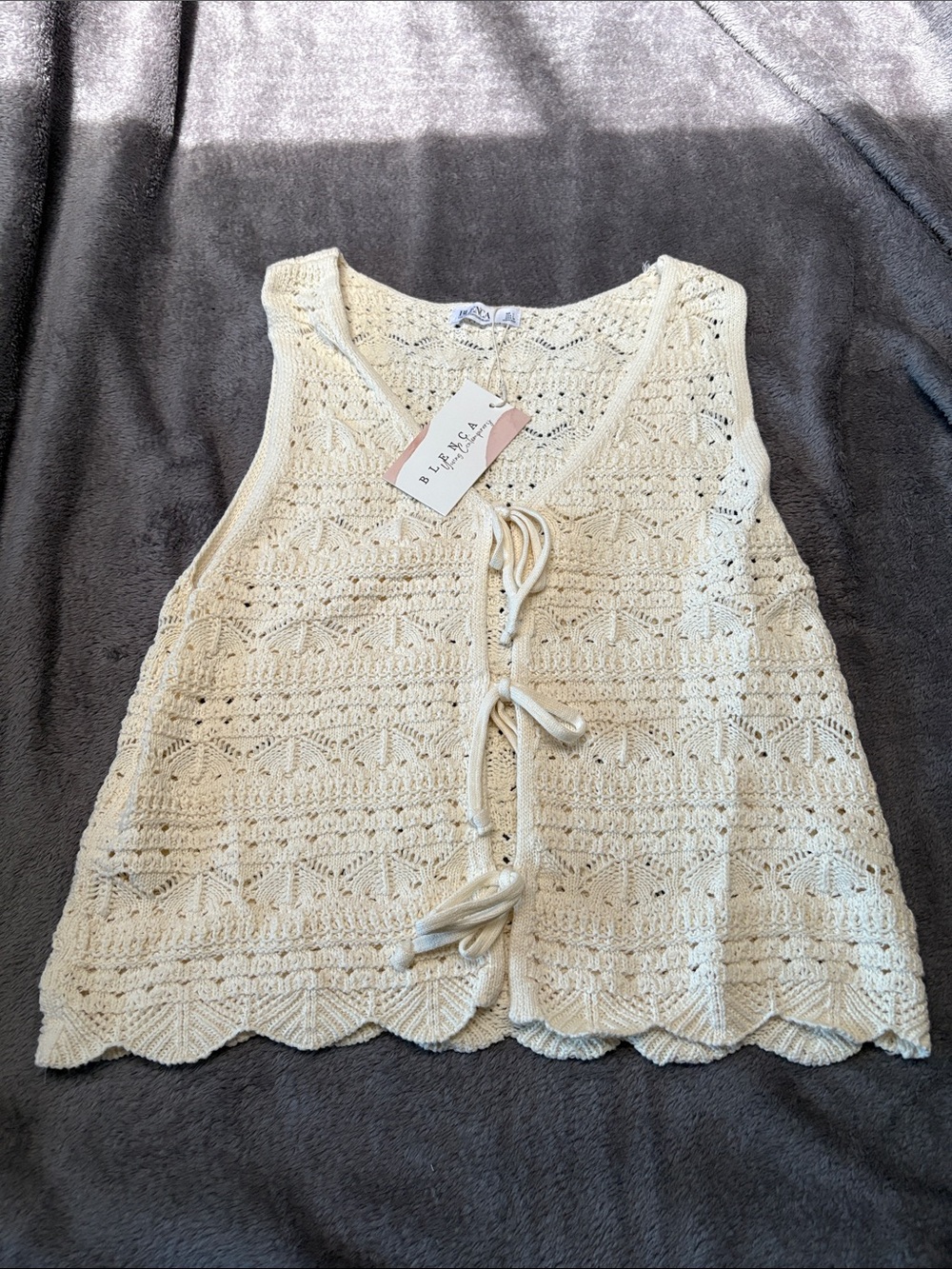 Blenca Young Contemporary Crochet Tie-Front Tank Vest in Cream